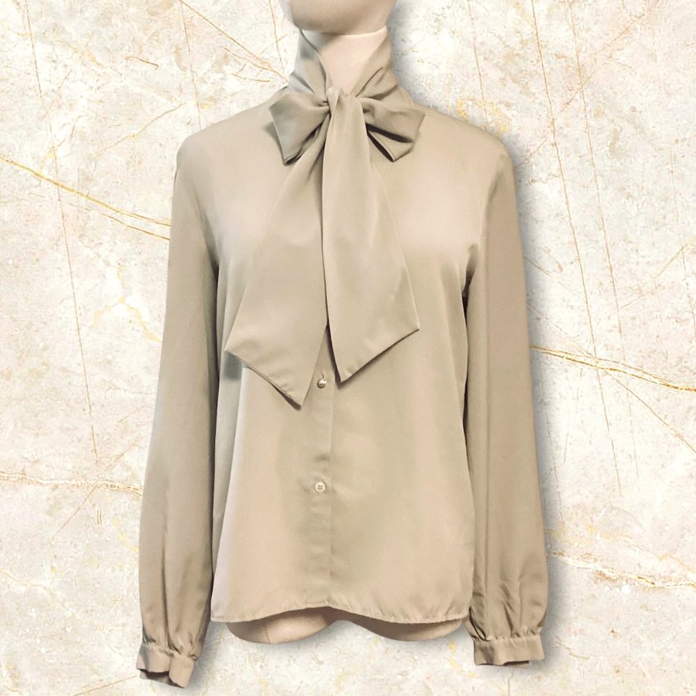 Vintage Castleberry Bow Tie Blouse Taupe Beige Pearl Button Long Sleeve Top 10